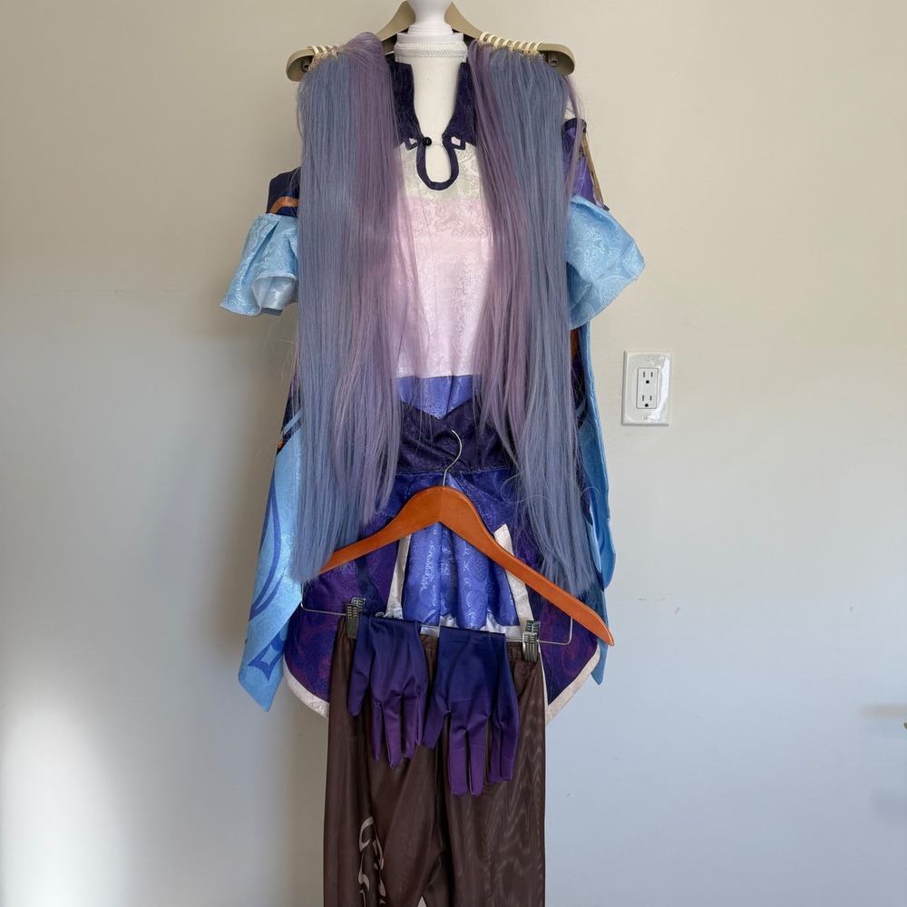 Genshin Impact Keqing Cosplay Costume Women Size 7 Anime Outfit with Wig